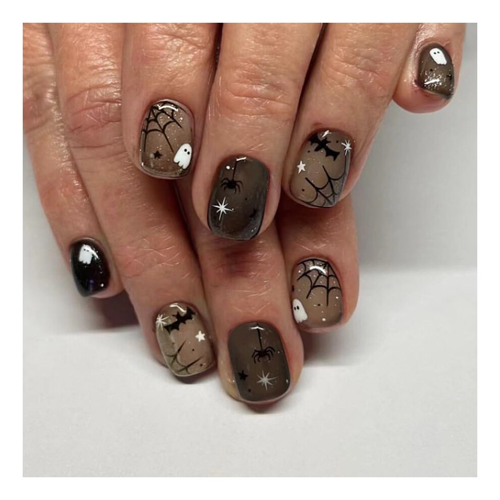 Halloween Press On Nails with Spider Web Ghost Bat Designs, Full Cover Reusable False Nails