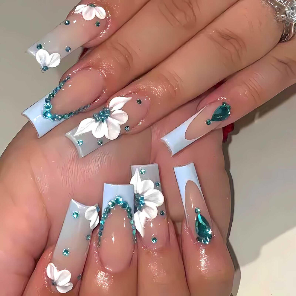 Blue Cat Eye Coffin Press On Nails With Rhinestones, Glue On Acrylic False Nails, Reusable Manicure