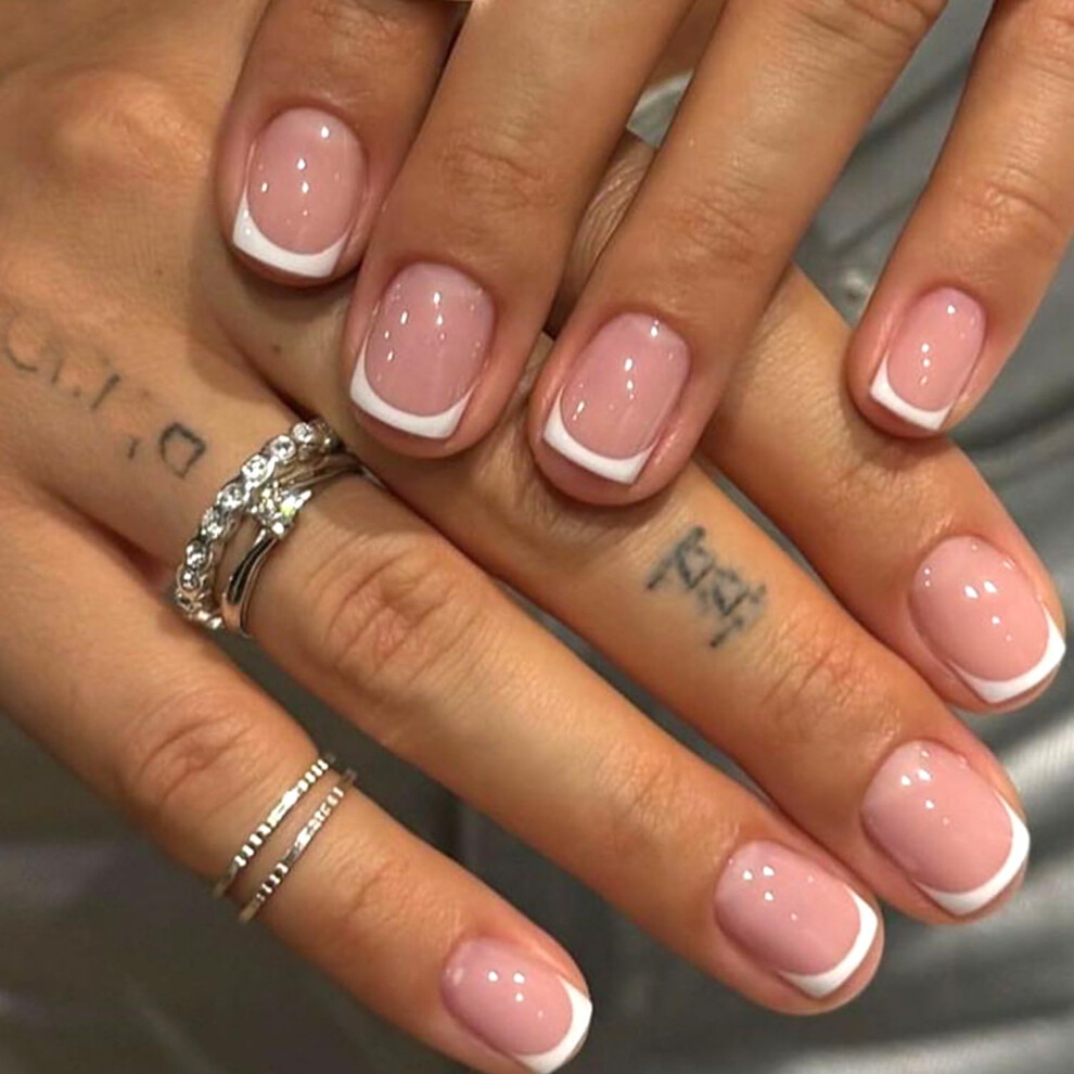 White French Tip Press On Nails Glossy Pink Medium Square Full Cover Reusable Glue On Manicure