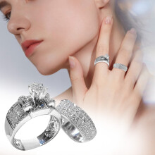 SUSHANG Fashion Zircon Ringenset, geschikt voor trouw- en verlovingsringen, bijpassende open ringen voor dames en heren