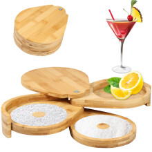 Bamboo 3-Tier Bar Glass Rimmer Set with Lid & 6 Sponges, Salt & Sugar Rimmer for Margarita, Bloody Mary, Manhattan Cocktails, compatible with bar