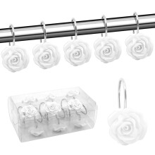Newsoul Shower Curtain Hooks,12PCS Anti-Rust Decorative Resin Shower Curtain Hooks Rings Rose Shape for Bathroom (White)