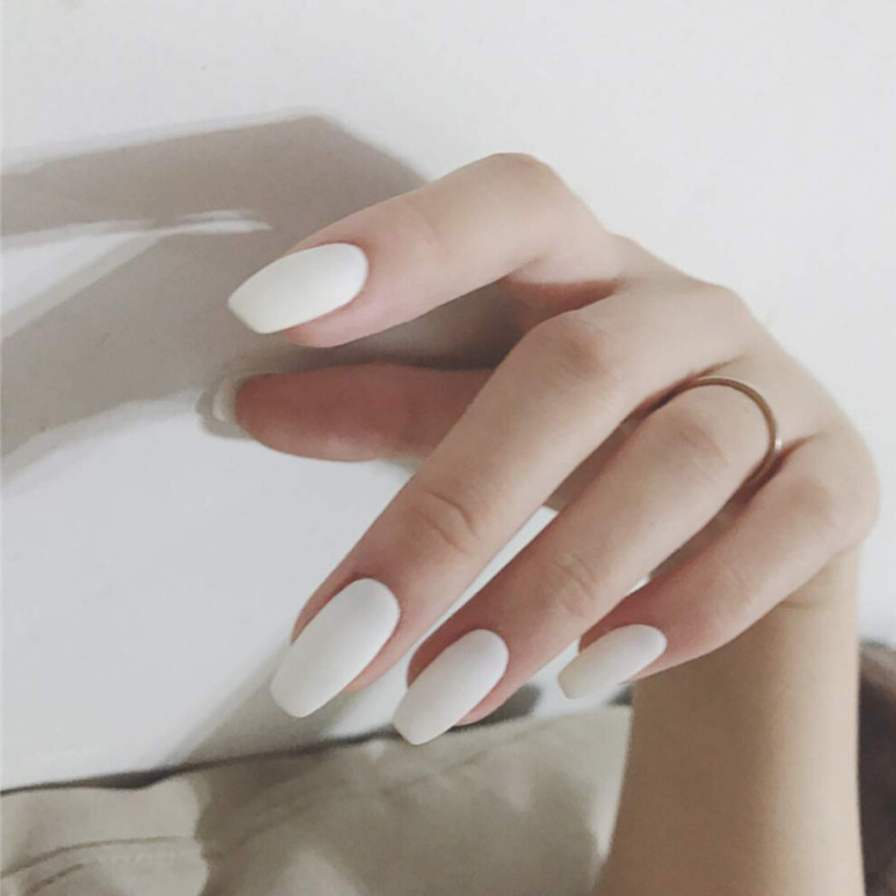 White Long Ballerina Press On Nails Coffin Fake Nails Set Reusable No Glue Needed 24Pcs