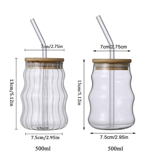 Seewan Ποτήρια από γυαλί με ραβδώσεις 16,9oz με καπάκια και καλαμάκια από μπαμπού, 1