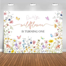 Custom Wildflower 1st Birthday Backdrop, Boho Wildflower Party Decoration, Colorful Butterfly Photo Background with Banner, White 7x5ft (82x60 inch)