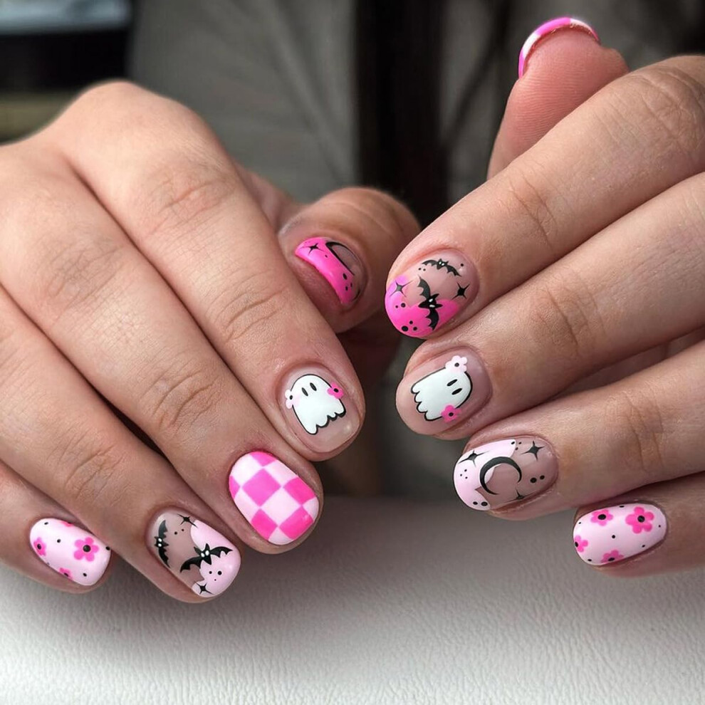 Pink Halloween Press On Nails Short Square Fake Nails With Ghost Bat Design Reusable 24Pcs