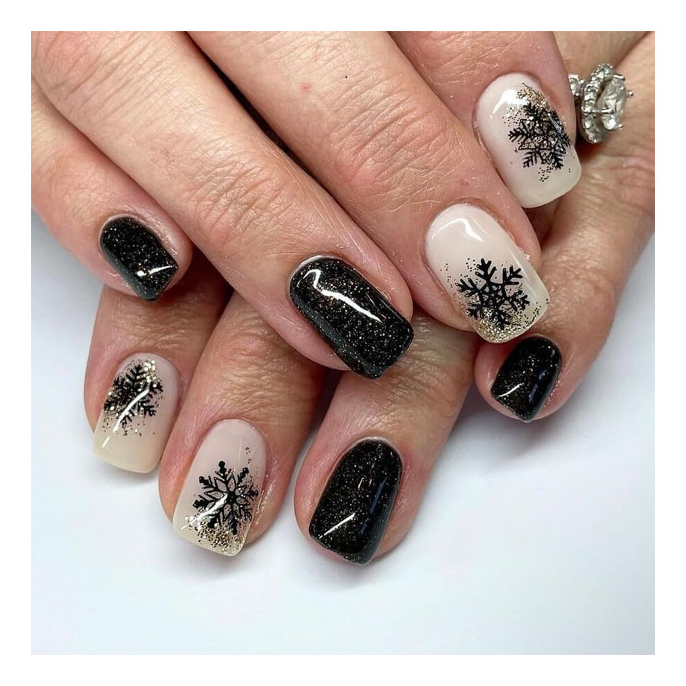 Black Christmas Press On Nails Short Square Snowflake Glitter Reusable Winter Fake Nails 24Pcs