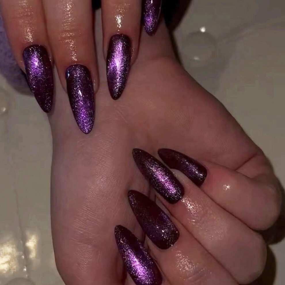 Medium Almond Press on Nails with Glue, Purple Cat Eye Acrylic Fake Nails Set 24pcs