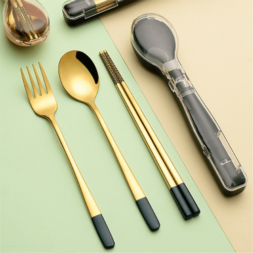3pcs Stainless Steel Dinnerware Set Flatware Camping Travel Sets Chopsticks Fork Spoon Cutlery Case Tableware Black 2