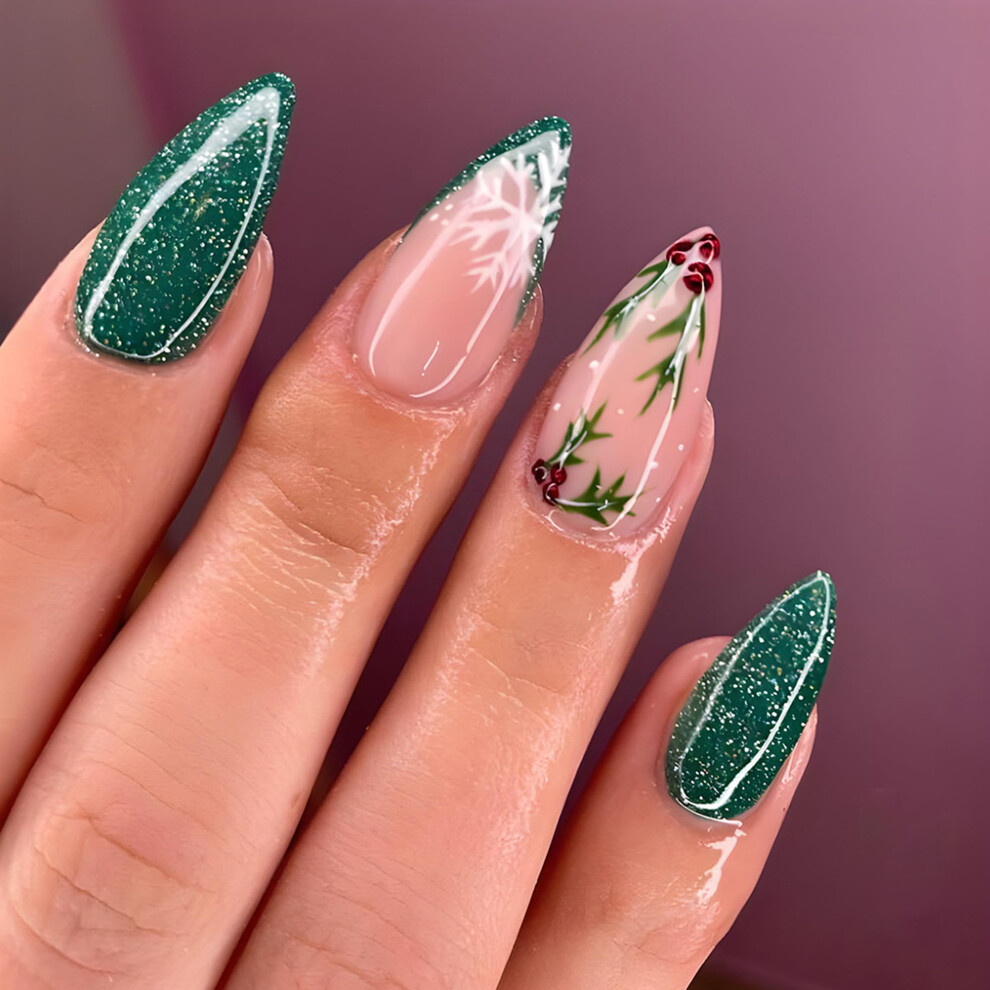 24Pcs Christmas Snowflake French Tip Press on Nails Fake Nails Kit for Women Girls