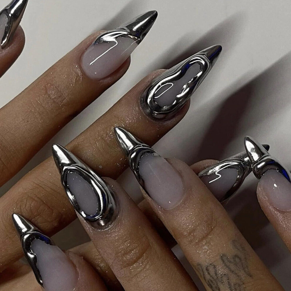 Press On Nails French Tip Halloween Fake Nails Almond Shape Glossy Acrylic Reusable Nail Kit
