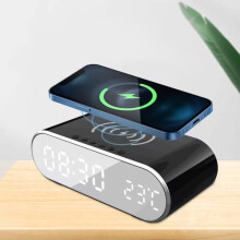 Trådløs opladerstander 15W med ur, temperaturvisning, snooze- og tidshukommelsesfunktion, elegant design i høj kvalitet