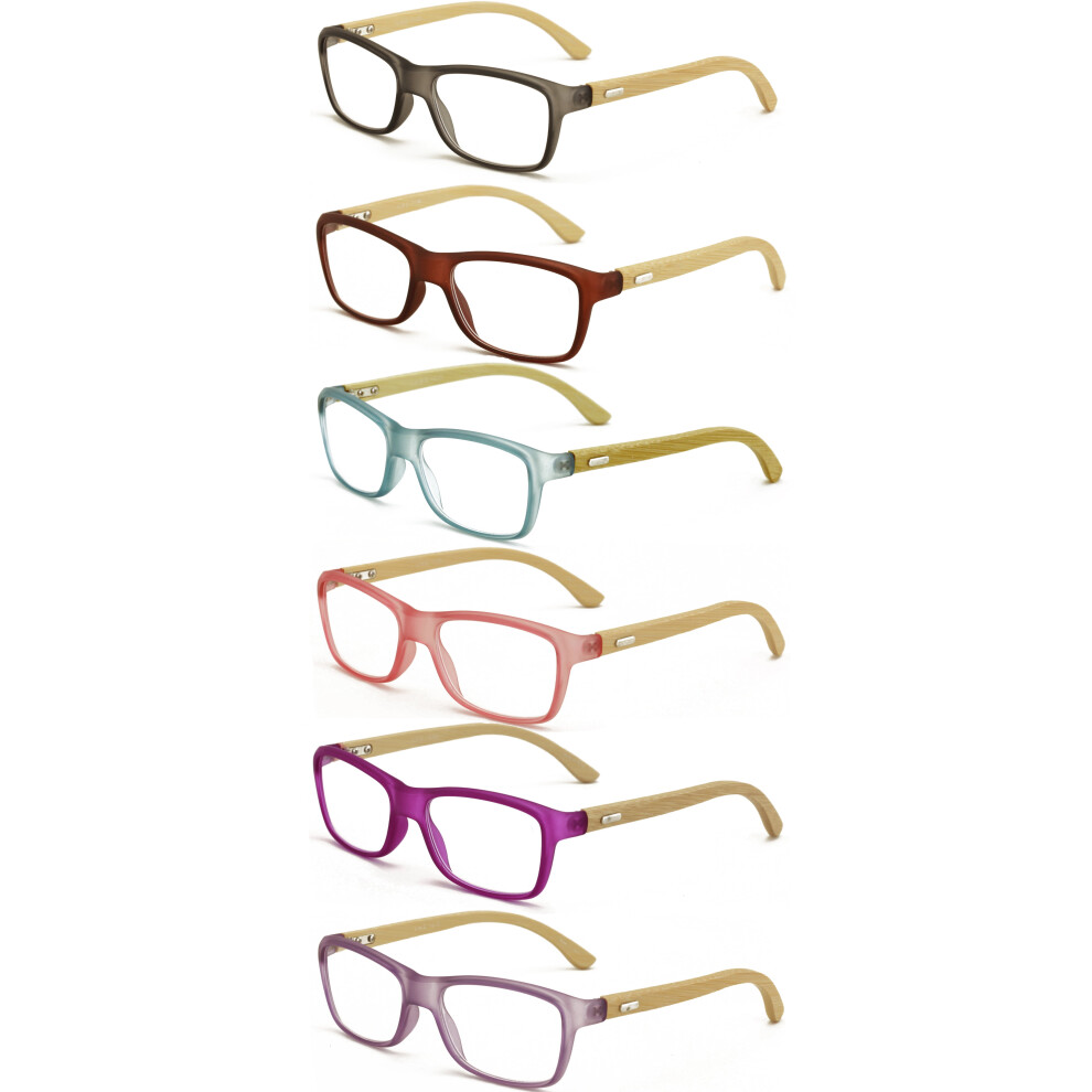 6 Pairs Geniune Bamboo Women Reading Glasses - Fun Color Clear Lens Reader 7015 +1.75