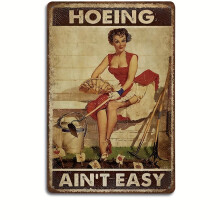 "1pc, Vintage Metal Garden Sign - ""Hoing Ain't Easy"" - Retro Wall Art for Home, Kitchen, Farmhouse - Funny Gardening Quote Decor - 8inx12in"