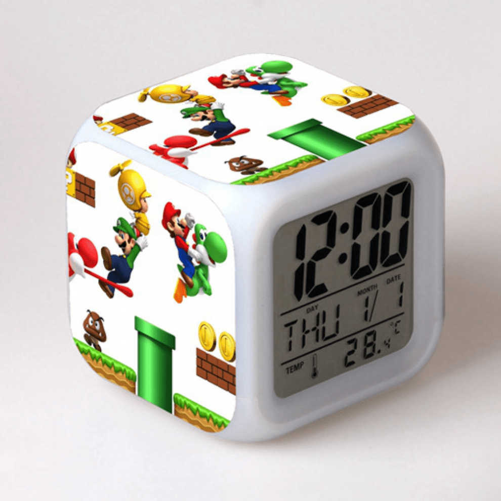 Hanntaoo Digital Alarm Clock For Kids, Cartoon Mario Pattern, 7 Color Led, Thermometer, Night Gift For Boys Girls Light