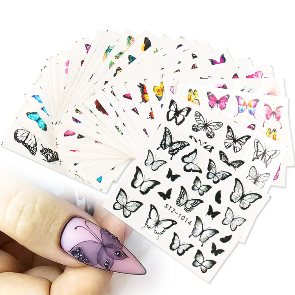 Butterfly Flower Nail Art Stickers 30 Sheet Easy Water Transfer Decals for Acrylic Manicure