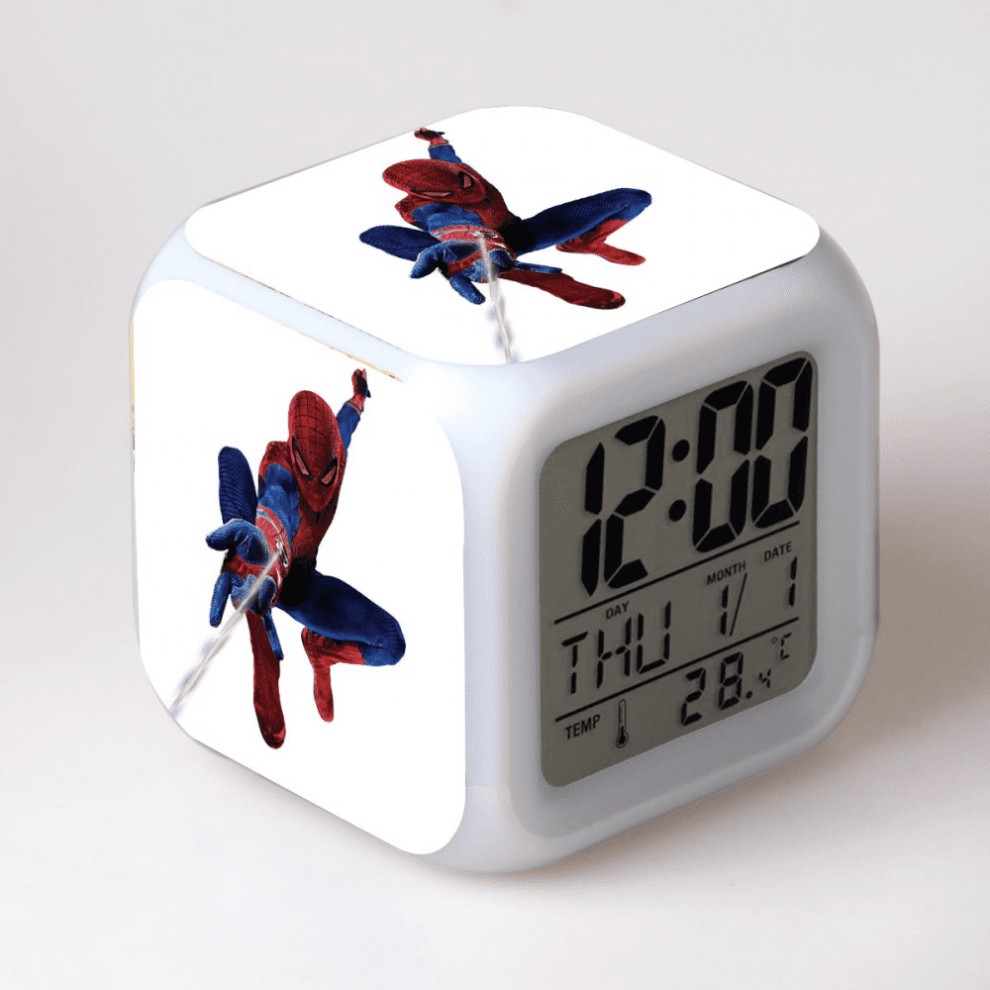 Hanntaoo Kids Digital Alarm Clock With Spider-Man Pattern, 7 Color Led, Thermometer & Night – Compatible With Htnl#1664 Light