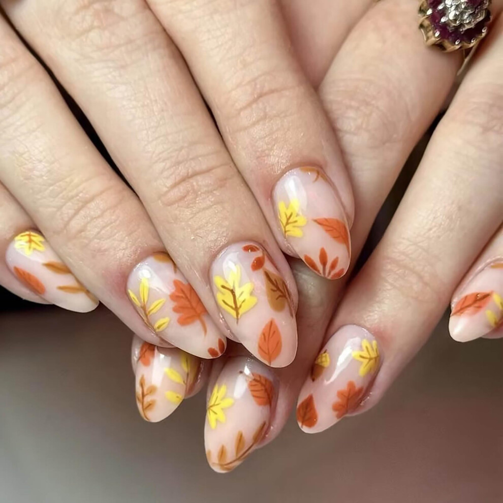 Fall Maple Leaf Press On Nails Medium Almond Acrylic False Nails with Designs 24pcs Full Cover