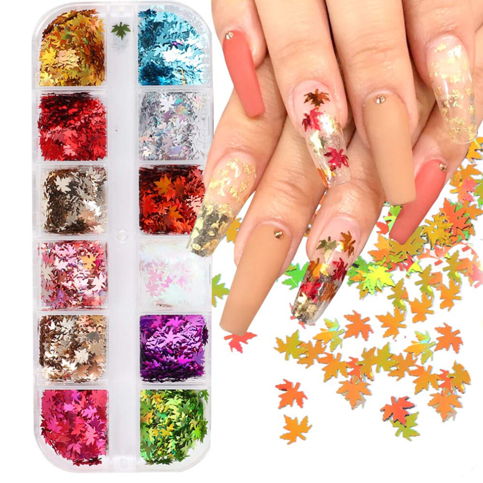 12 Colors Maple Leaf Nail Art Glitter Flakes for Autumn Manicure and Fall Nail Decoration