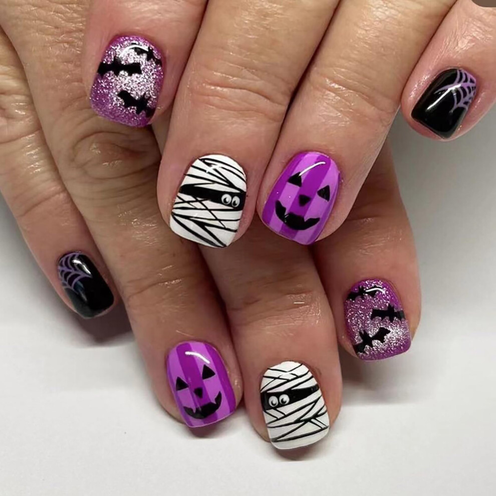 Halloween Press On Nails Purple White Short Square Fake Nails with Bat Pumpkin Mummy Design 24Pcs