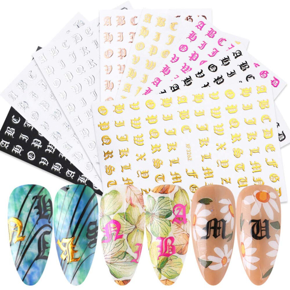 Gold/Silver/Black 8 Sheets Nail Art Stickers 3D Old English Alphabet Decals Holographic Manicure Accessories