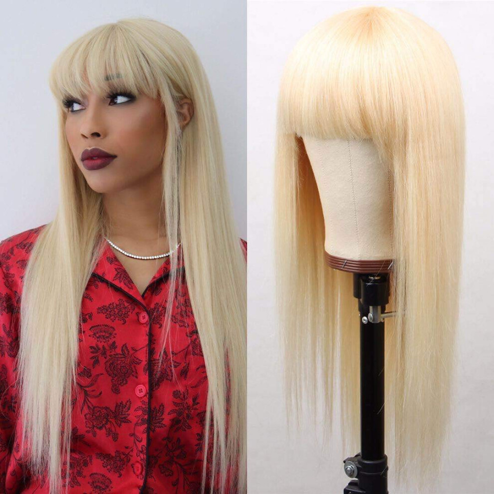 613 Blonde Human Hair Wig with Bangs, 150 Density Glueless Silky Straight for Black Women, 16inch