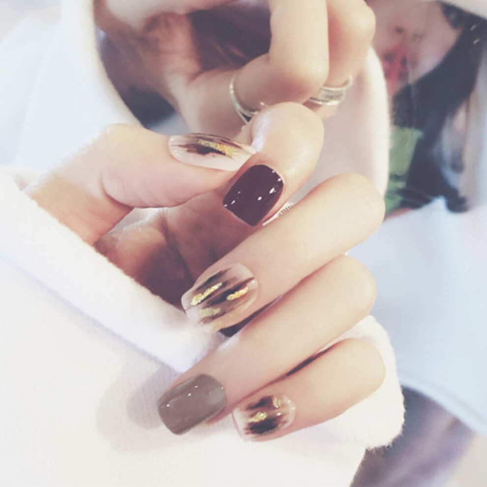 Glossy Shimmer Press On Nails Set Short Square Fake Nails Geometric Art Acrylic 24Pcs Brown C