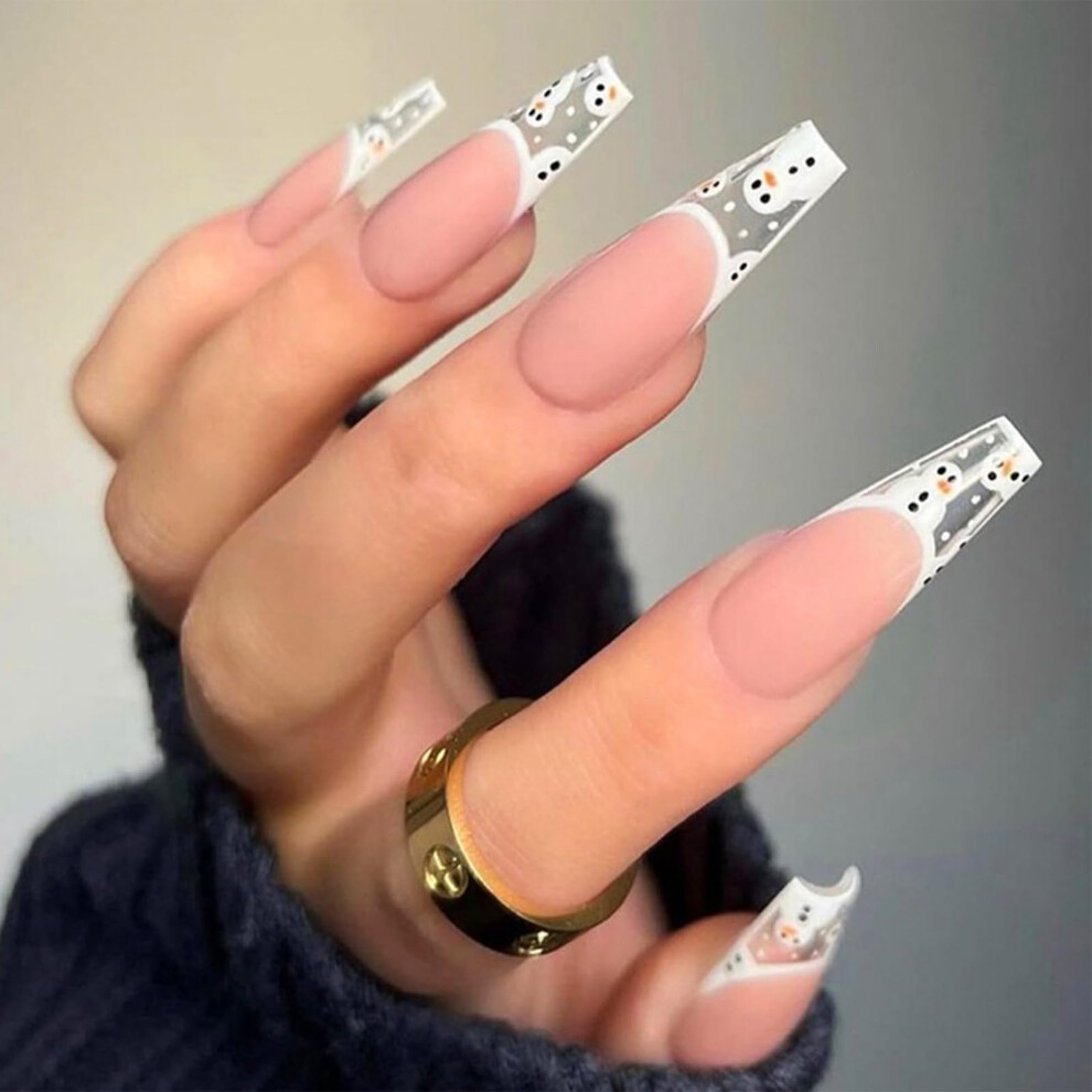 White Christmas Press On Nails Long Coffin Fake Nails With Festive Snowman Design And Glue 24Pcs