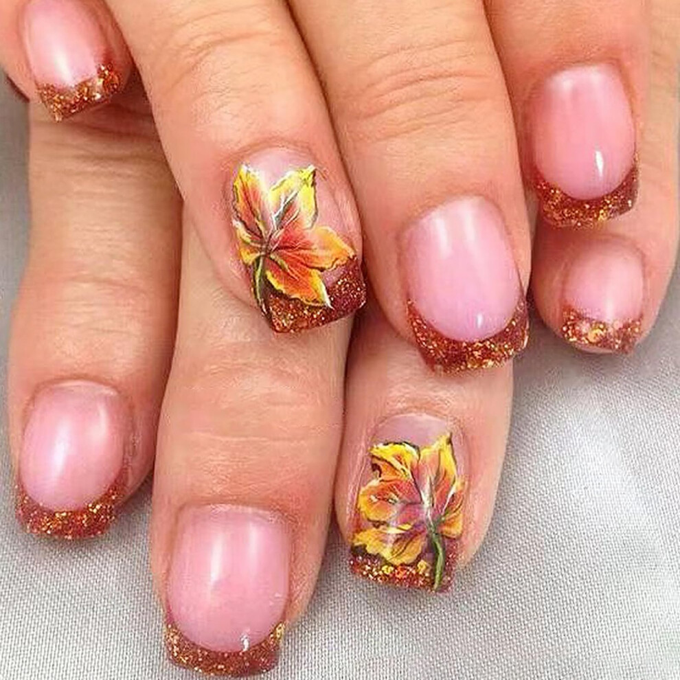 Press on Nails Short Square French Tip Fake Nails with Maple Leaf Glitter Full Cover Acrylic Set