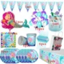 DEKAXID Kit de fête d'anniversaire « Joyeux 1er anniversaire » : vaisselle sirène, gobelets en carton, assiettes, ballons en latex,