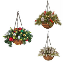 Panier suspendu de Noël artificiel, décoré de pommes de pin, de grappes de baies et de guirlandes lumineuses LED, décorations de Noël