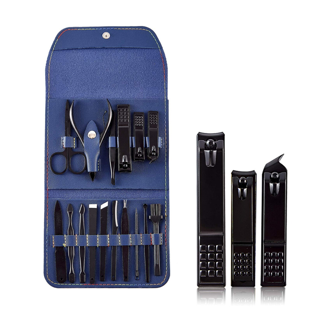 Blue Manicure Set And Pedicure Kit 16In1 Stainless Steel Nail Care Tools With Leather Travel Case