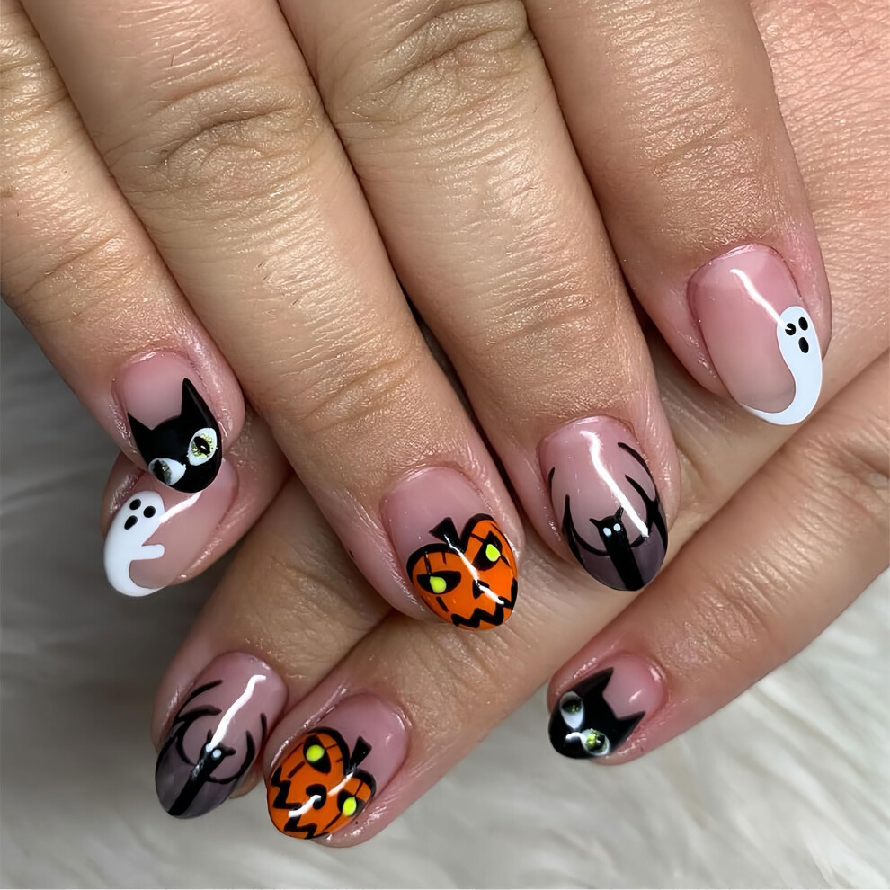 Halloween Press On Nails Almond Shape Acrylic Set with Pumpkin Ghost Design Nude Glossy 24Pcs