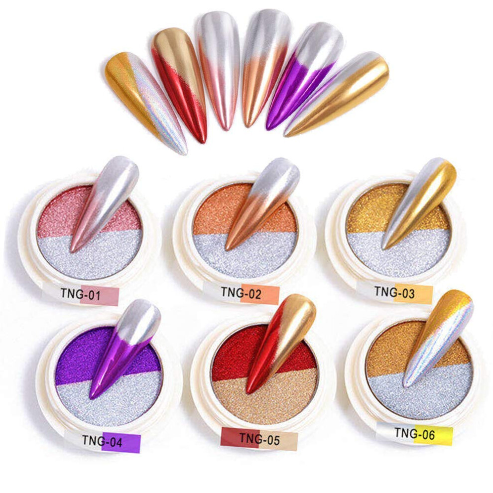 Holographic Nail Powder Set, 6 Colors Mirror Chrome Finish Glitter Pigments for UV Gel Nails