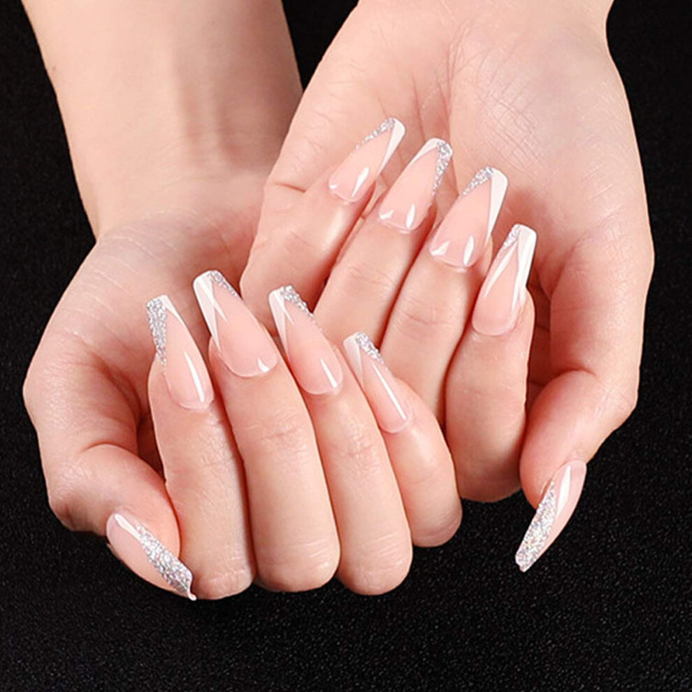 Glossy Long Ballerina Press On Nails Set, 24pcs Full Cover False Nails for Easy Salon Finish