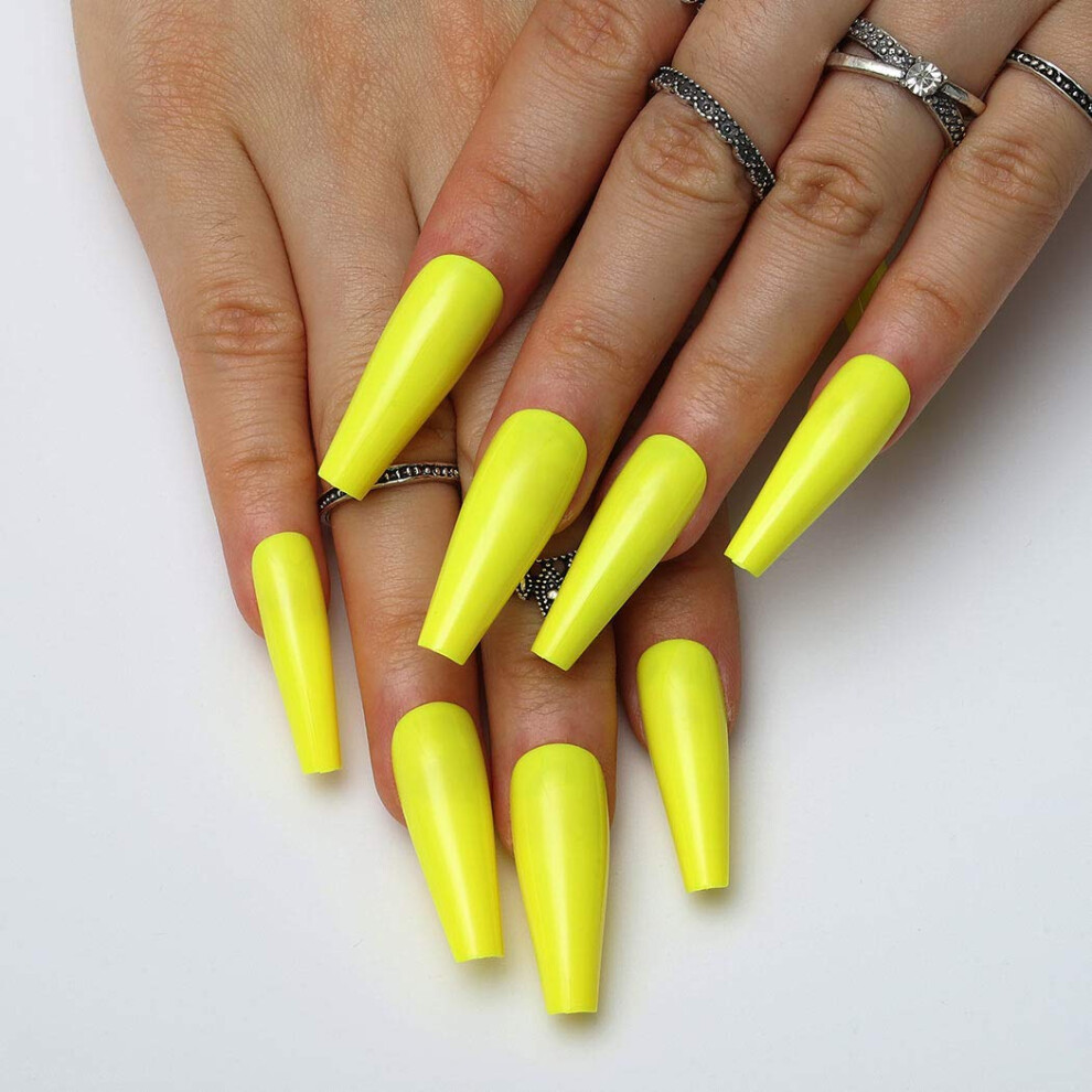 Yellow Coffin Press On Nails Long Ballerina Fake Nails Set For Women 24Pcs Easy Application