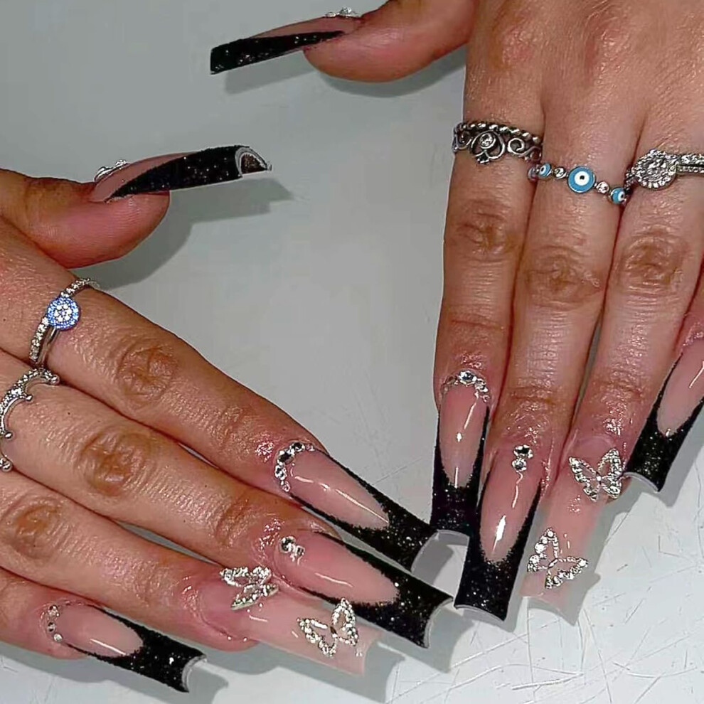 Black French Tip Press On Nails 3D Butterfly Design Square Reusable Acrylic Fake Nails 24Pcs
