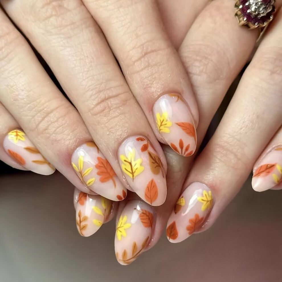 Short Almond Press On Nails Autumn Maple Leaf Design Reusable Acrylic Fake Nails for Thanksgiving 24pcs