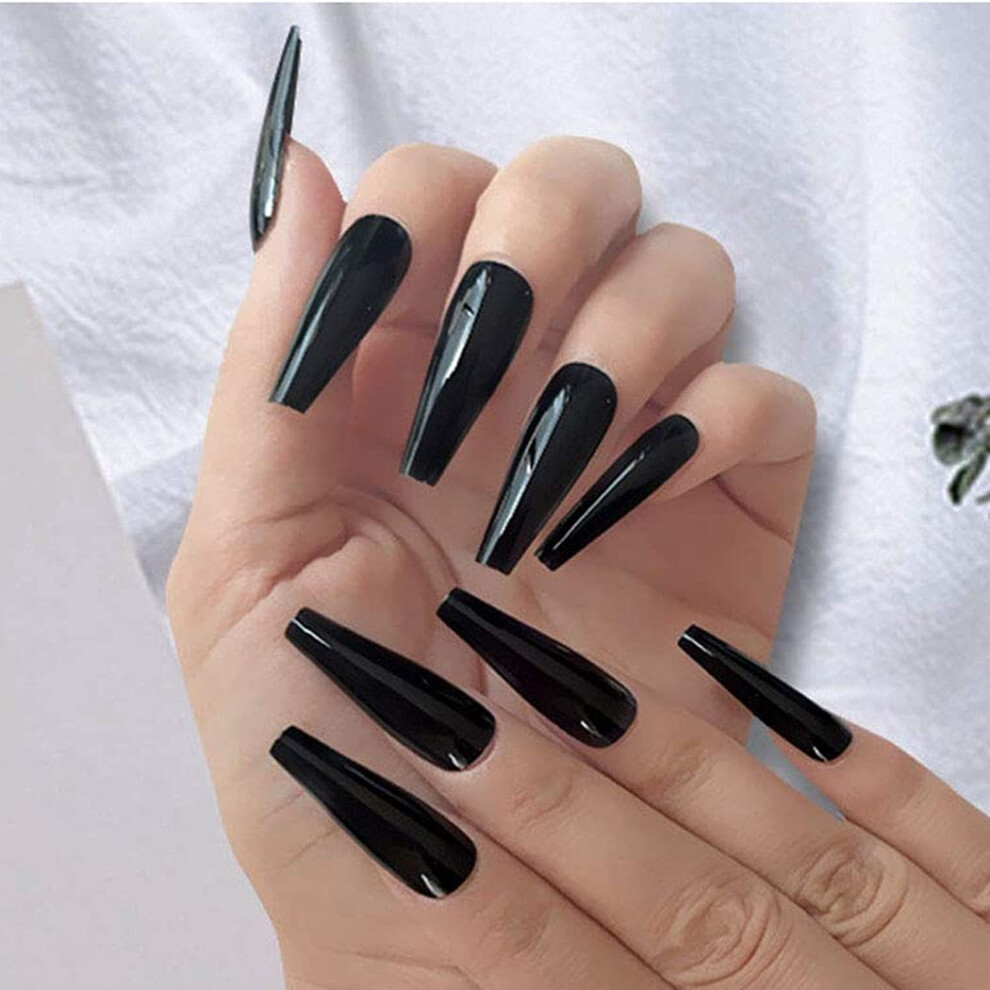 Black Extra Long Coffin Press On Nails Acrylic Fake Nails 24Pcs Reusable Ballerina Shape
