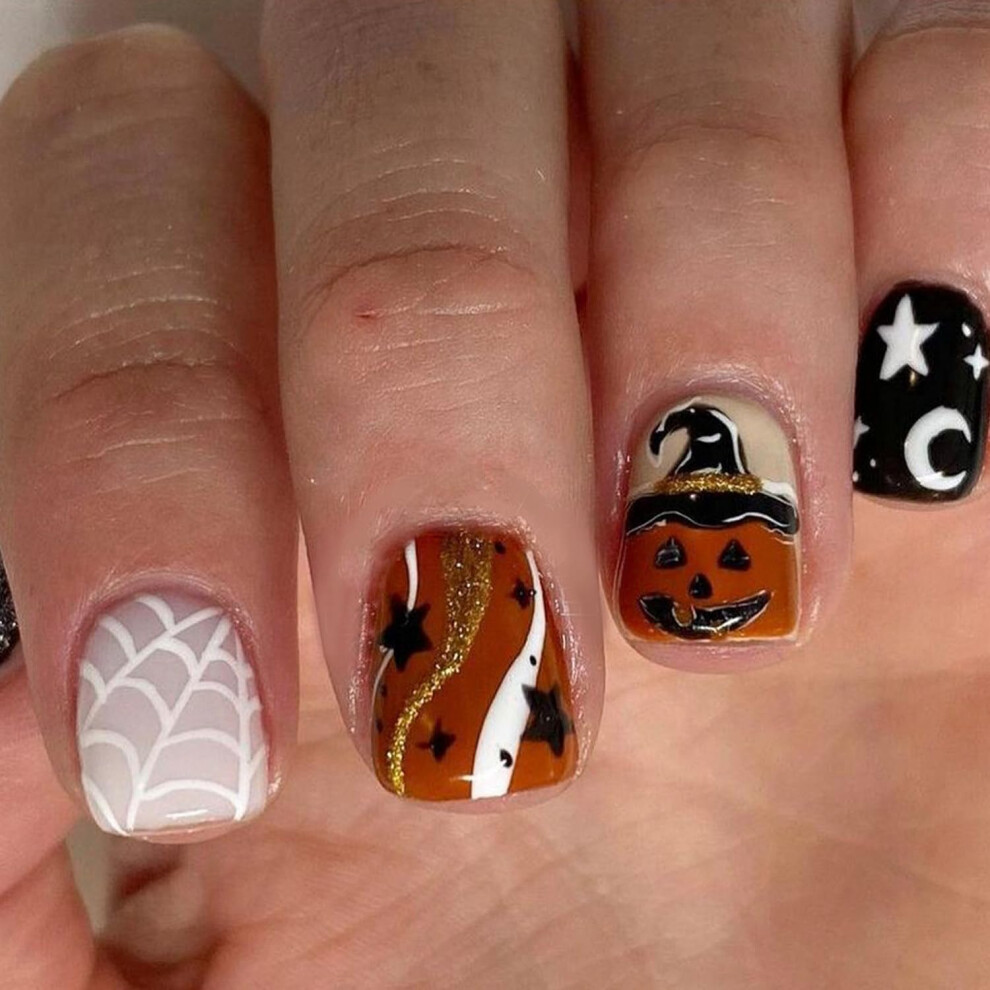 Halloween Fake Nails with Pumpkin and Spider Web, Short Glossy Full Cover Press On Nails 24pcs