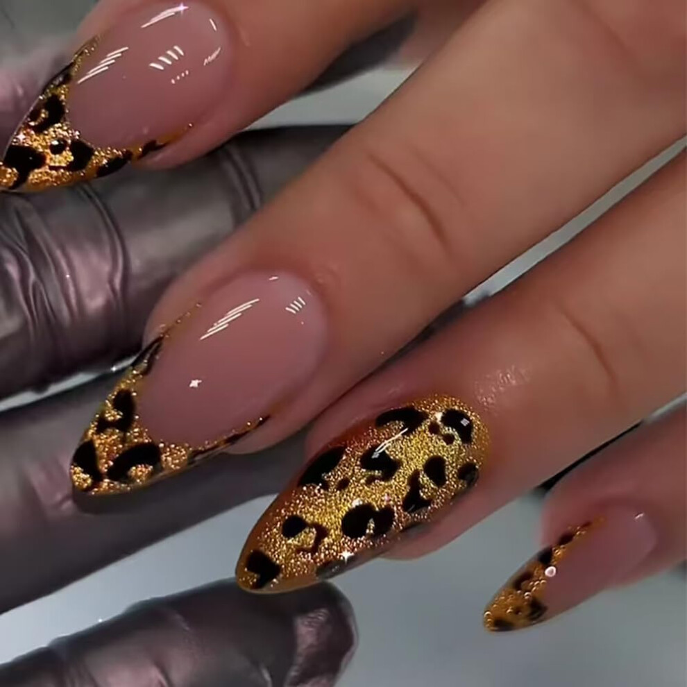 Cream,Gold Almond Press On Nails With Glitter Gold French Tips, Medium Nude Fake Nails, 24Pcs Full Cover