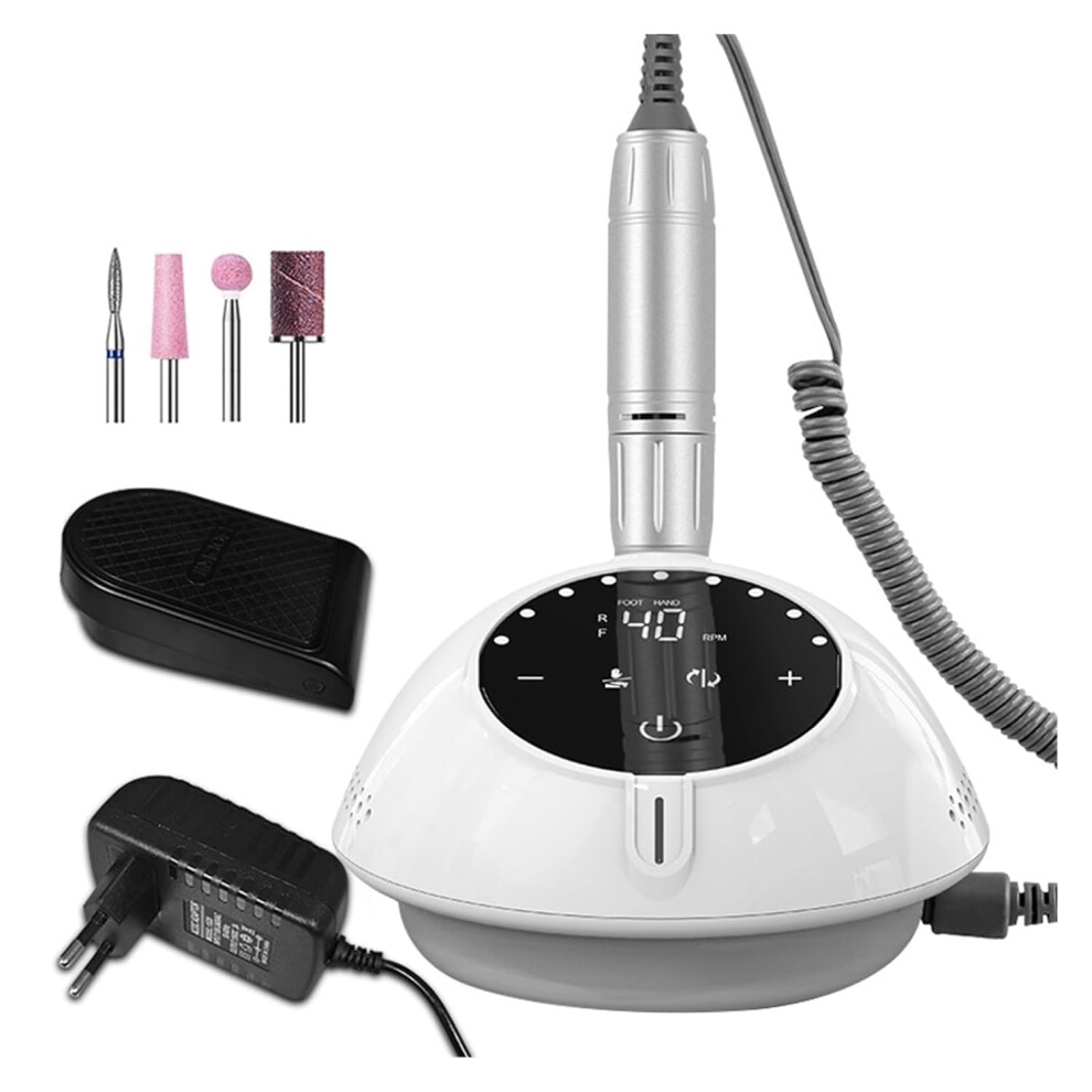 White Electric Nail Drill 40000Rpm With Hd Display And Foot Pedal, Professional Nail File For Acrylic Gel Nails