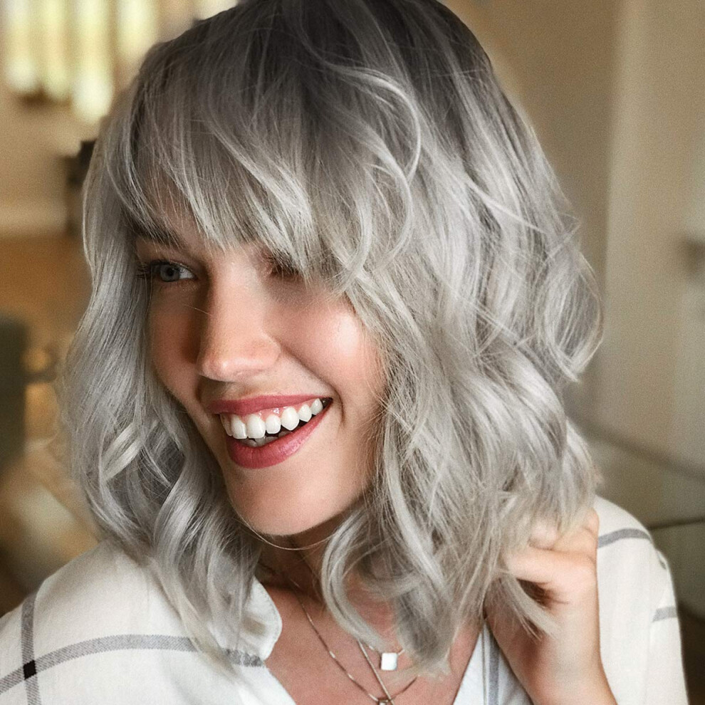 Unisex Silver Wavy Bob Wig With Bangs Shoulder Length Ombre Synthetic Hair For Women