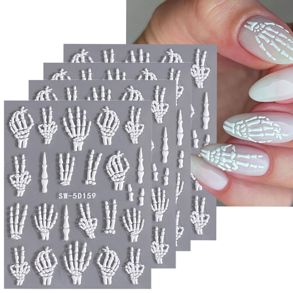 5D Embossed Halloween Nail Art Stickers with Skeleton Bone Design, 4 PCS Halloween Nail Decorations for Women