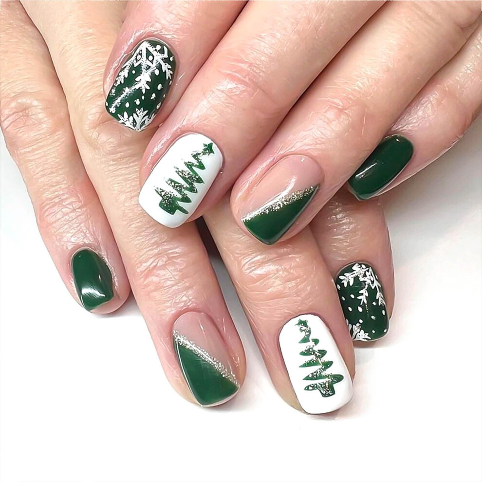Green Press On Nails 24Pcs Acrylic False Nails With Christmas Tree And Snowflake Salon Glossy Finish