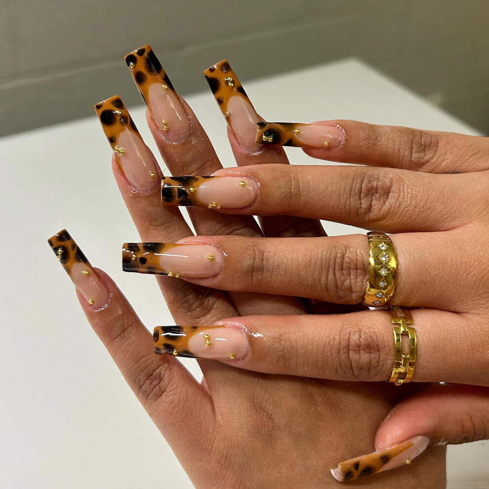 Brown Long Press On Nails French Tip Cheetah Acrylic Ombre Squoval False Nails 24Pcs