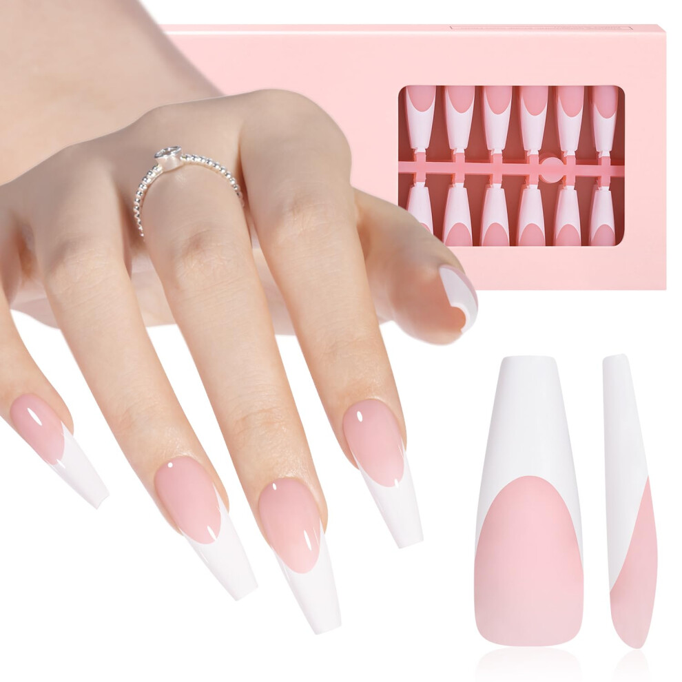 Pink Long Coffin Press On Nails With Readytowear French Tips, Gel Nail Tips, 15 Size Options