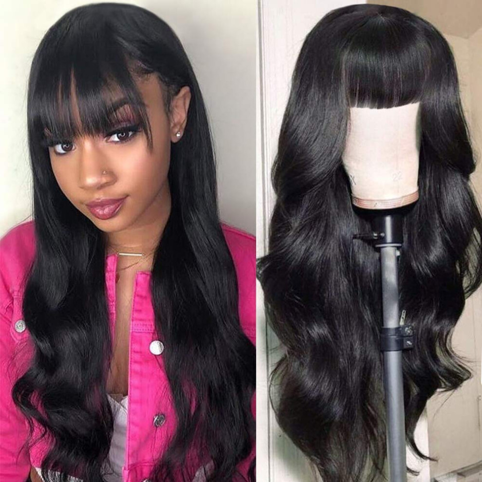 Body Wave Human Hair Wig with Bangs 26 Inch 150% Density No Lace Front for Black Women