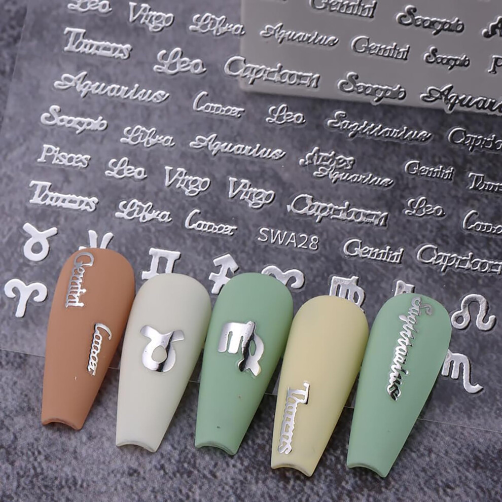 Silver Zodiac Nail Stickers 3 Sheets Metallic Astrology Nail Art Decals for Constellation Design