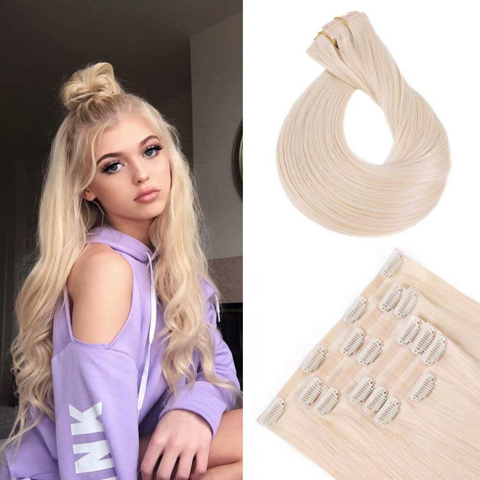 Seamless Clip In Remy Human Hair Extensions Platinum Blonde 24 Inch for Fine Thin Hair 110g